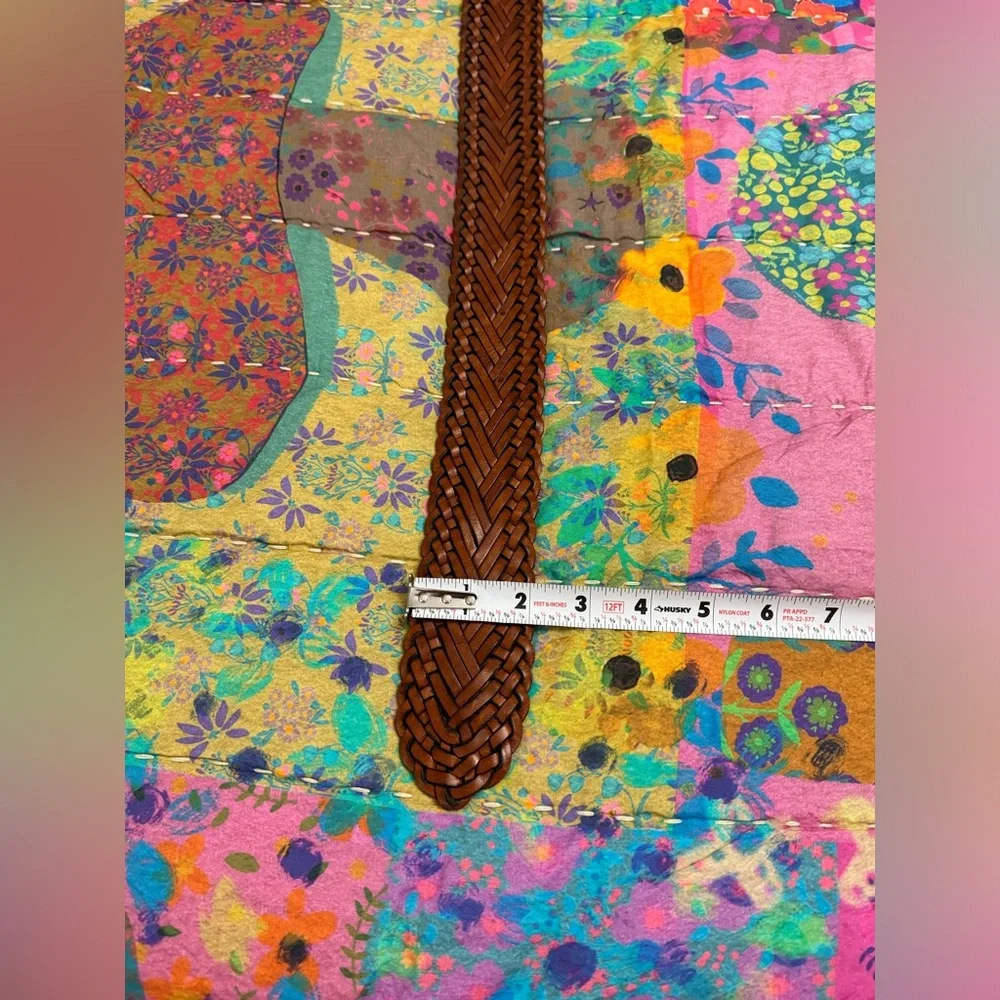 Vintage Woven Leather Belt Western Chunky Buckle Size L Coastal Boho Chic Beach - Picture 9 of 11